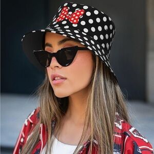 Polka Dot Bucket Hat with Red Bow- Unisex